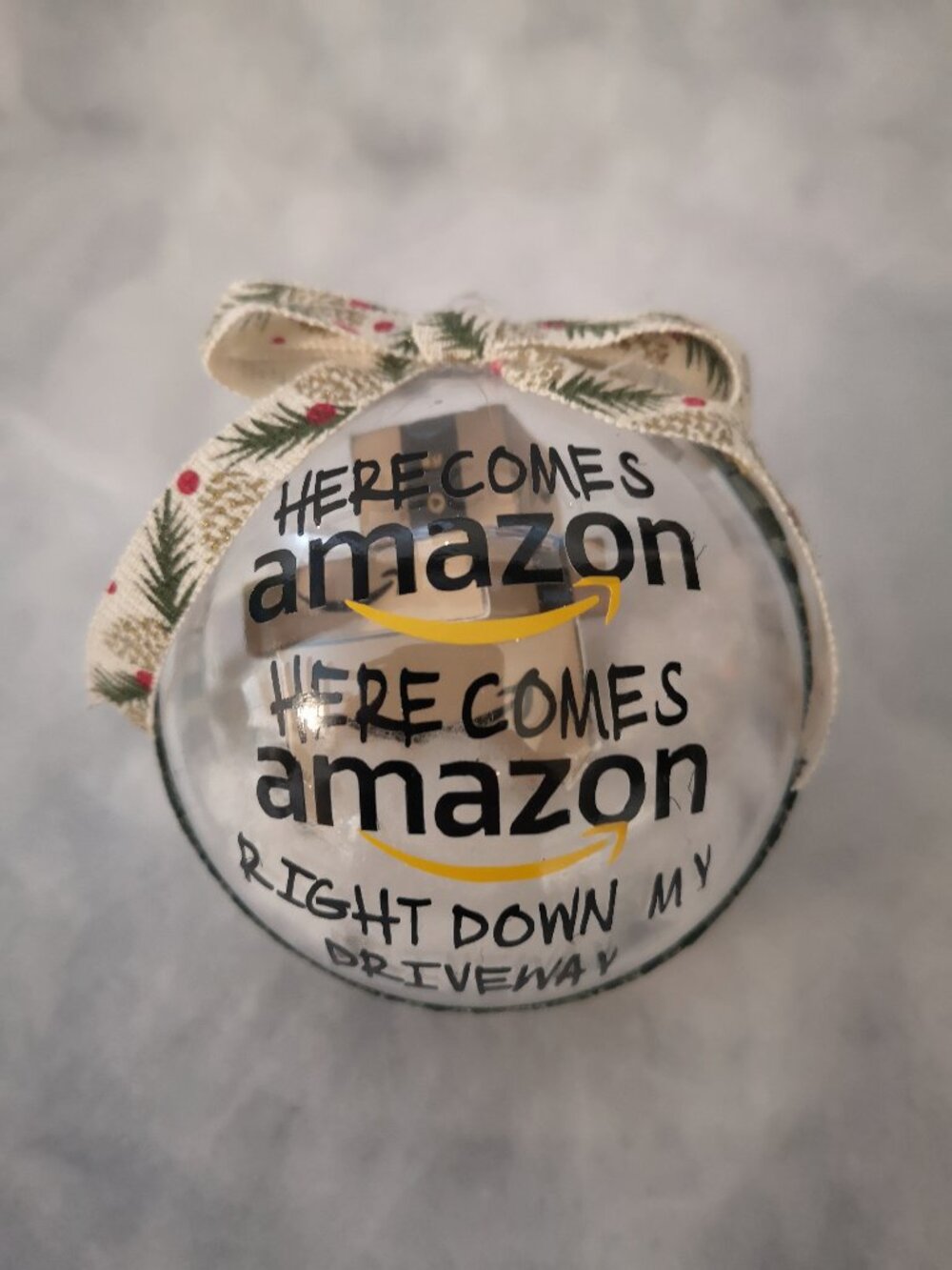 Clear Plastic Ball Filled w/ Mini Amazon Packages Christmas Tree Ornament